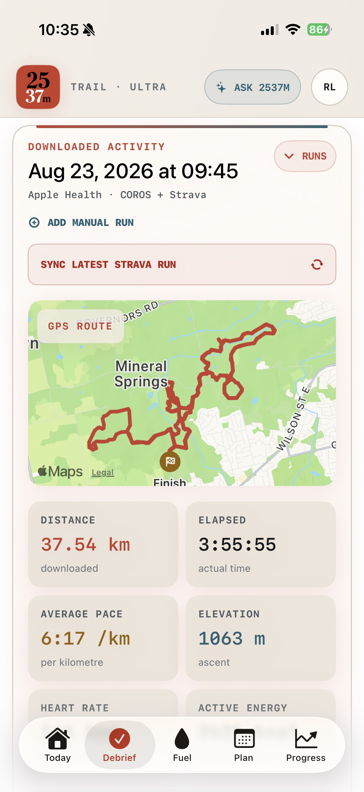 2537M downloaded activity and GPS route